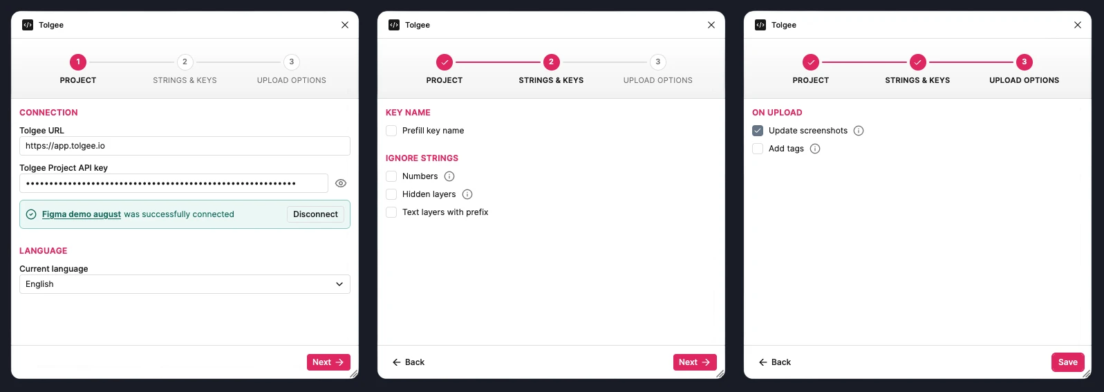 The three-step first run, which mirrors the three settings tabs