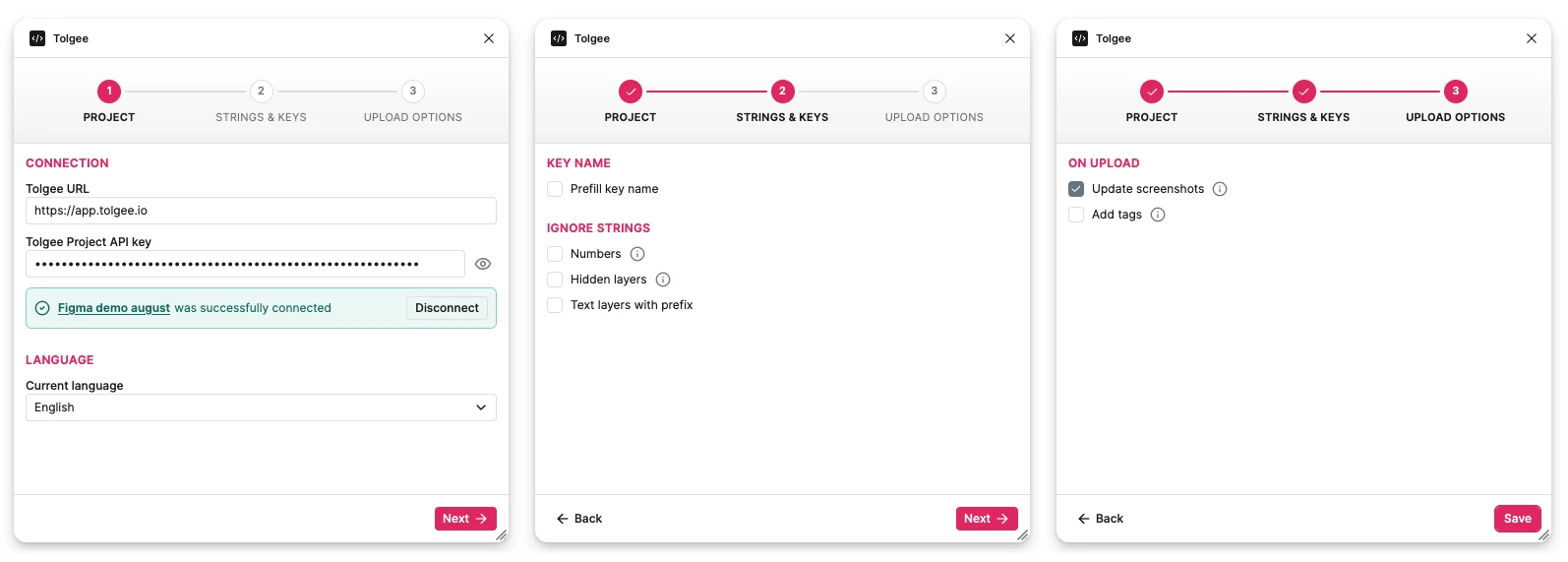 The three-step first run, which mirrors the three settings tabs