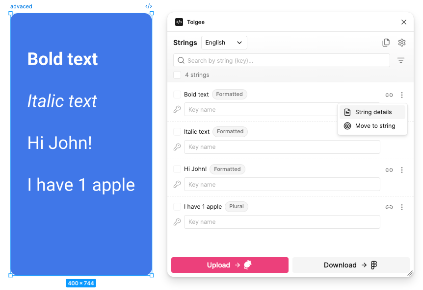Opening String details from the row menu, on a string the plugin marks as Formatted