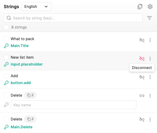 Hovering the disconnect icon on a connected row, showing its Disconnect tooltip