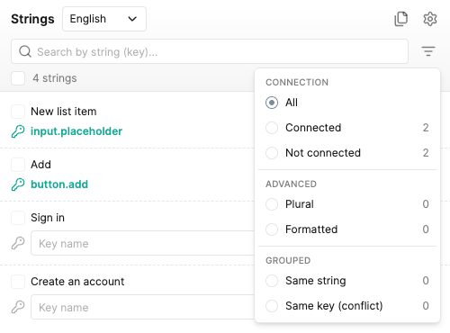 The filter menu, with connection status at the top and the advanced and grouped subsets below it