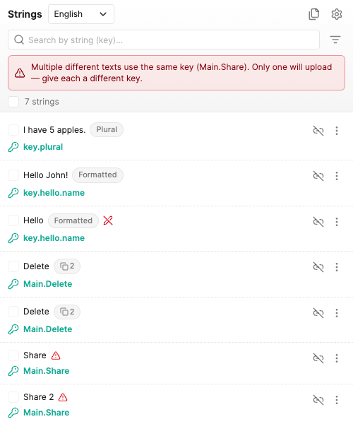 A list of strings, some tagged Plural or Formatted, two carrying a duplicate count, and others marked in red where one key name covers different texts or where formatting was edited on the canvas
